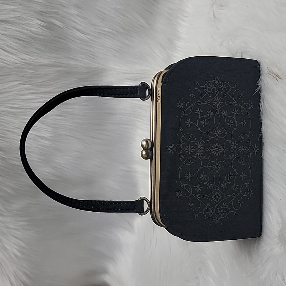 ESPIRT Black Fabric Single Strap Kissing Lock‎ Floral Graphic Formal Evening Bag